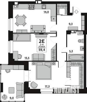 2-к квартира, вторичка, 58м2, 6/6 этаж