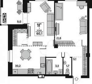 1-к квартира, вторичка, 60м2, 2/6 этаж