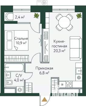1-к квартира, вторичка, 44м2, 12/24 этаж