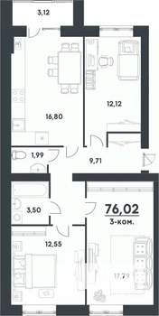 3-к квартира, строящийся дом, 76м2, 1/4 этаж