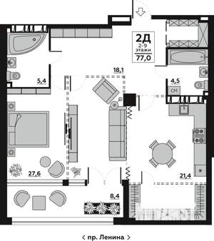 2-к квартира, вторичка, 82м2, 8/18 этаж