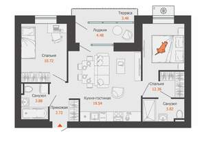 2-к квартира, строящийся дом, 57м2, 8/8 этаж