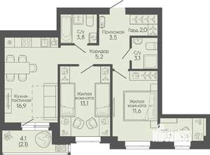 2-к квартира, вторичка, 65м2, 16/19 этаж