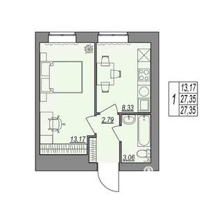 1-к квартира, строящийся дом, 27м2, 1/7 этаж