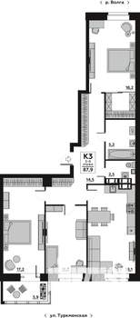 3-к квартира, вторичка, 88м2, 3/20 этаж