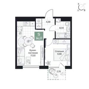 1-к квартира, вторичка, 36м2, 4/9 этаж