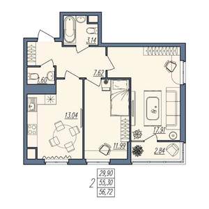 2-к квартира, вторичка, 57м2, 4/10 этаж