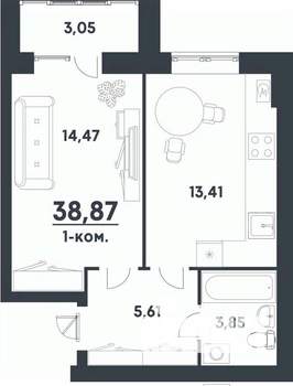 1-к квартира, строящийся дом, 39м2, 1/5 этаж