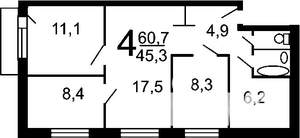 4-к квартира, вторичка, 58м2, 2/5 этаж