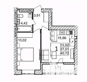 1-к квартира, вторичка, 41м2, 9/9 этаж