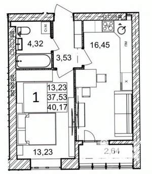 1-к квартира, вторичка, 40м2, 2/9 этаж