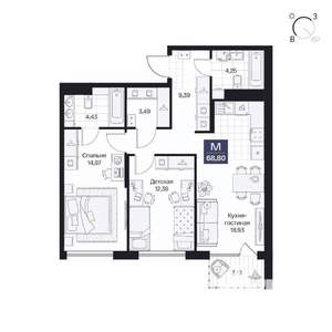 2-к квартира, вторичка, 69м2, 7/10 этаж