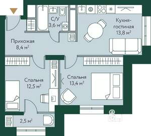 2-к квартира, строящийся дом, 54м2, 18/24 этаж