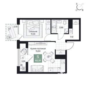 1-к квартира, вторичка, 41м2, 4/9 этаж