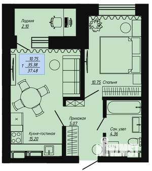 1-к квартира, вторичка, 37м2, 10/16 этаж