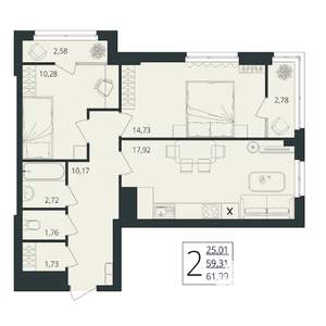 2-к квартира, вторичка, 62м2, 11/17 этаж