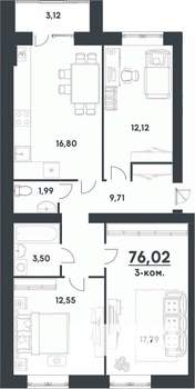 3-к квартира, строящийся дом, 76м2, 1/4 этаж