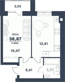 1-к квартира, строящийся дом, 39м2, 4/5 этаж
