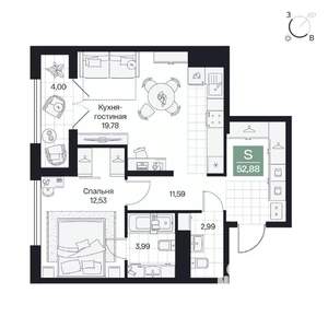 1-к квартира, вторичка, 53м2, 3/10 этаж