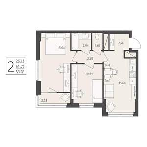 2-к квартира, вторичка, 53м2, 15/17 этаж