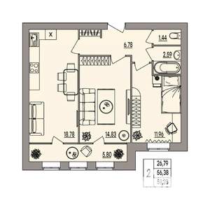 2-к квартира, вторичка, 59м2, 3/3 этаж