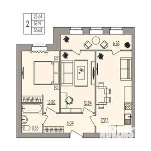 2-к квартира, вторичка, 57м2, 3/3 этаж