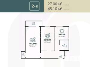 2-к квартира, вторичка, 43м2, 3/4 этаж