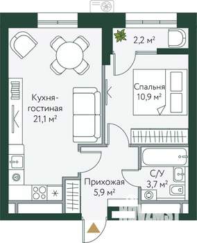 1-к квартира, вторичка, 44м2, 16/24 этаж