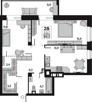 2-к квартира, строящийся дом, 60м2, 5/7 этаж
