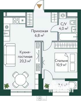 1-к квартира, строящийся дом, 44м2, 7/24 этаж