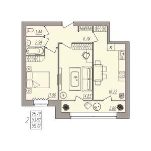 2-к квартира, вторичка, 57м2, 1/3 этаж