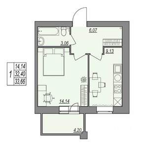1-к квартира, строящийся дом, 34м2, 3/7 этаж