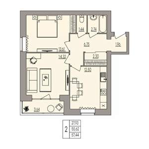 2-к квартира, вторичка, 57м2, 2/3 этаж