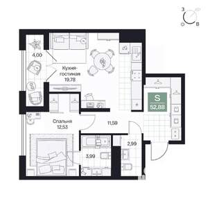 1-к квартира, вторичка, 53м2, 7/10 этаж