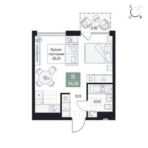 Студия квартира, вторичка, 33м2, 3/8 этаж