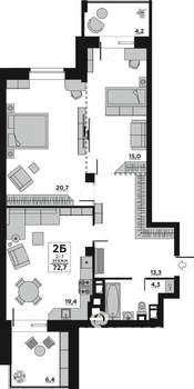 2-к квартира, вторичка, 73м2, 6/7 этаж