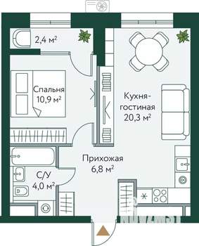 1-к квартира, вторичка, 44м2, 3/24 этаж