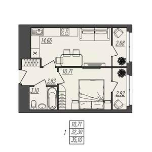 1-к квартира, вторичка, 35м2, 2/17 этаж
