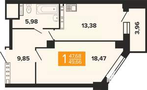 1-к квартира, строящийся дом, 50м2, 17/19 этаж