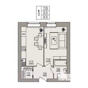 1-к квартира, вторичка, 35м2, 2/3 этаж