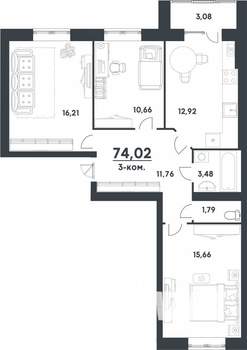 3-к квартира, строящийся дом, 74м2, 4/4 этаж