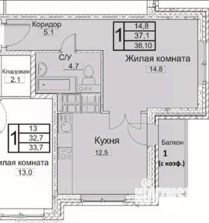 1-к квартира, вторичка, 38м2, 14/18 этаж