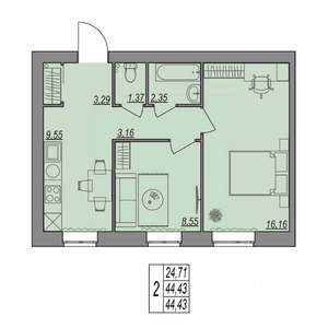 2-к квартира, строящийся дом, 44м2, 1/7 этаж