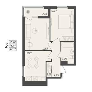 2-к квартира, вторичка, 47м2, 2/10 этаж