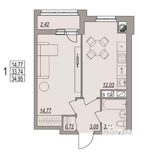 1-к квартира, вторичка, 35м2, 3/6 этаж