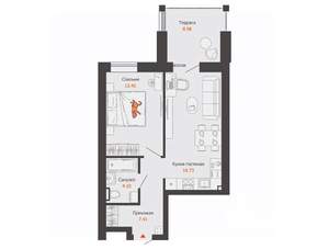 1-к квартира, строящийся дом, 47м2, 4/6 этаж