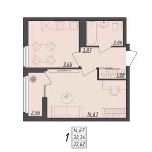 1-к квартира, вторичка, 34м2, 5/10 этаж