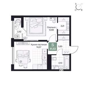 1-к квартира, вторичка, 42м2, 6/10 этаж