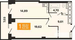 1-к квартира, вторичка, 52м2, 8/19 этаж