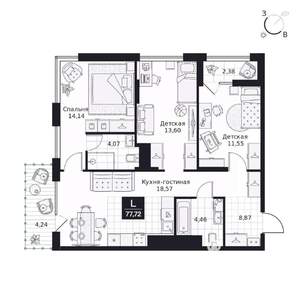 3-к квартира, вторичка, 78м2, 2/9 этаж